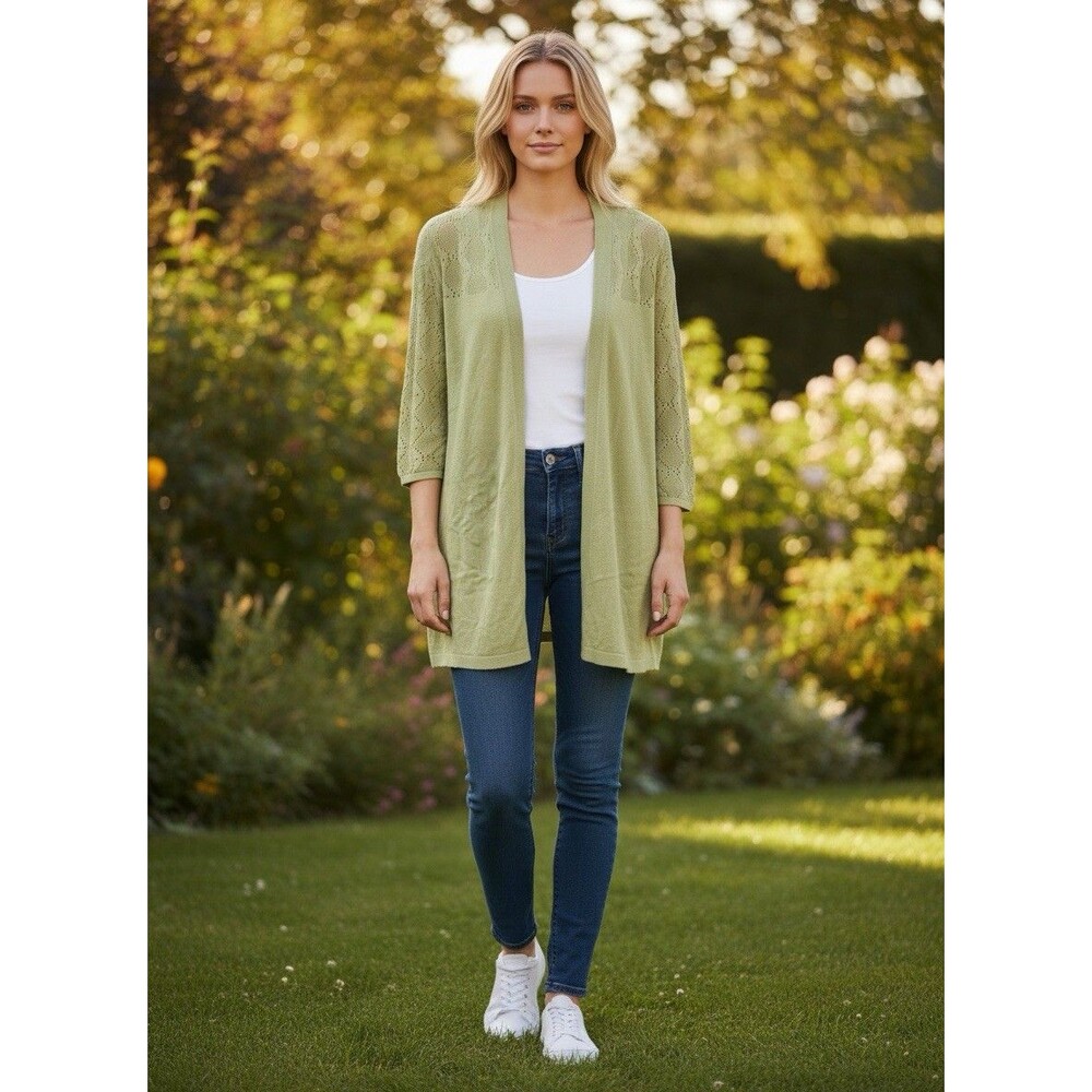 August Silk Size M  Pistachio Sweater Cardigan criss cross back cottage casual - Picture 2 of 11